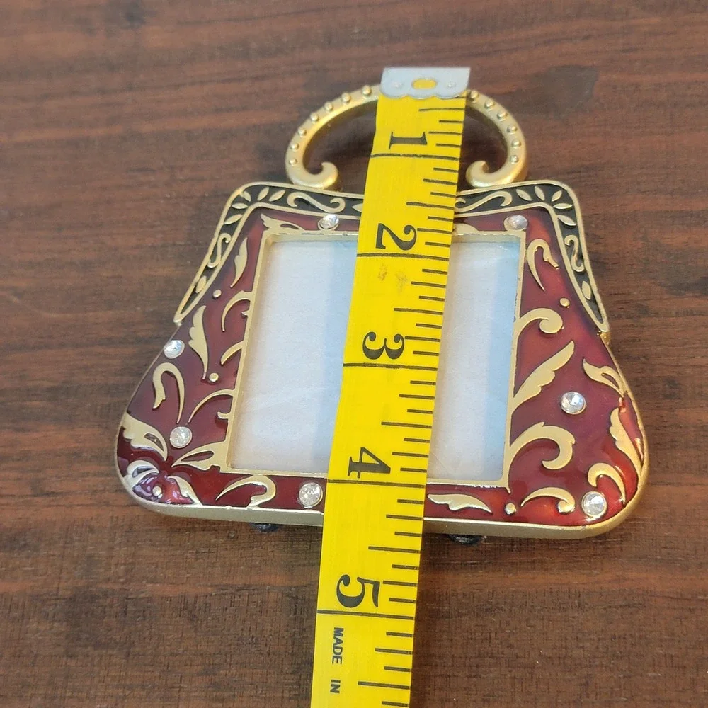 Purse Handbag Picture Frame Burgundy Red Gold Rhinestone Jewel Metal Enamel‎